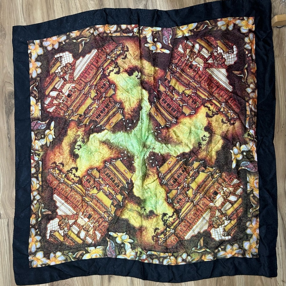 Vintage Kowloon Shangri-La HONG KONG 100% SILK Scarf Asian Architecture‎ Birds